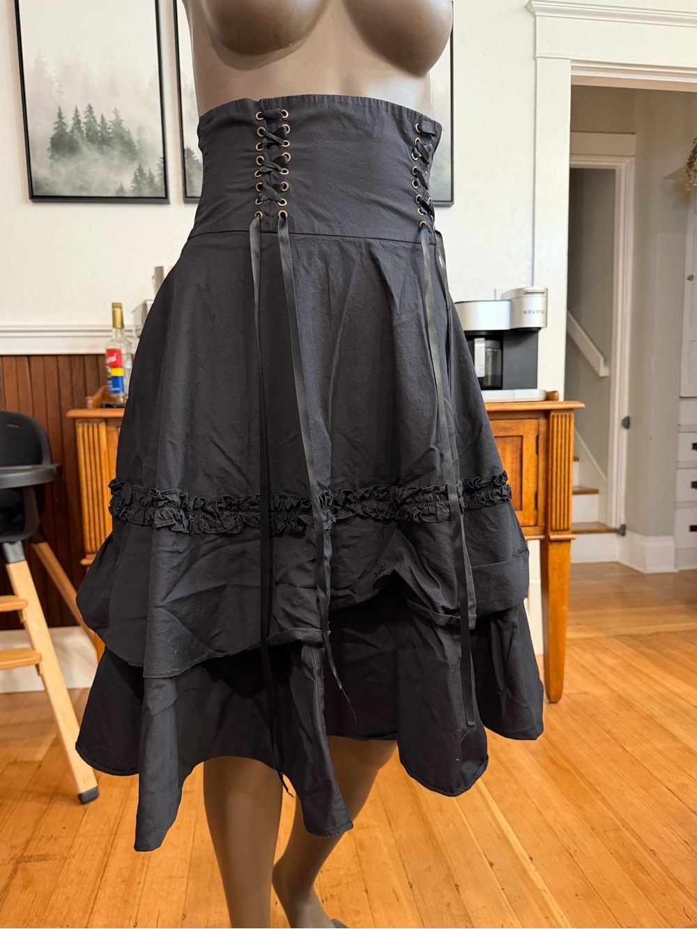 Black Corset Lace Up Ruffle Skirt Y2K Fairy Goth Romantic Grunge Midi XS
